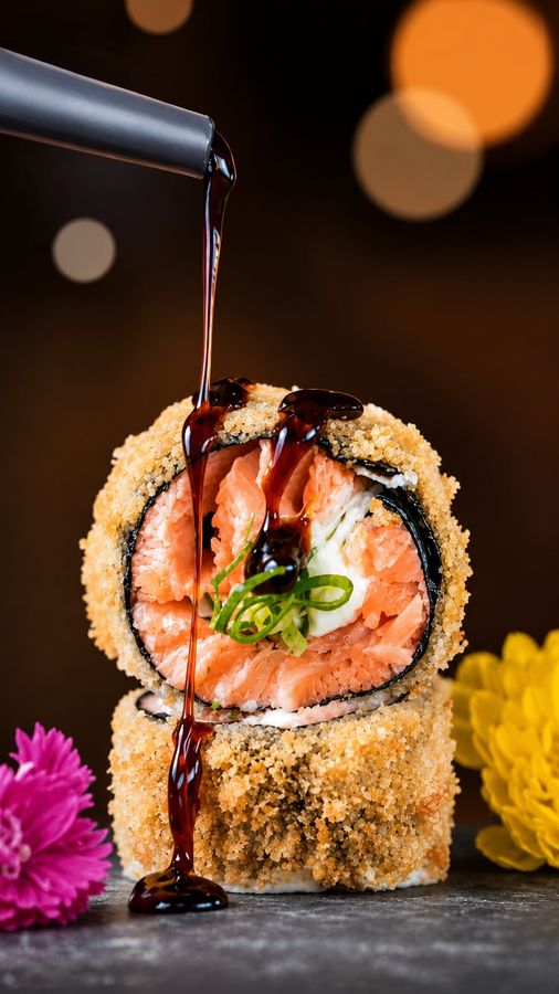 Prato de sushi finalizado com molho