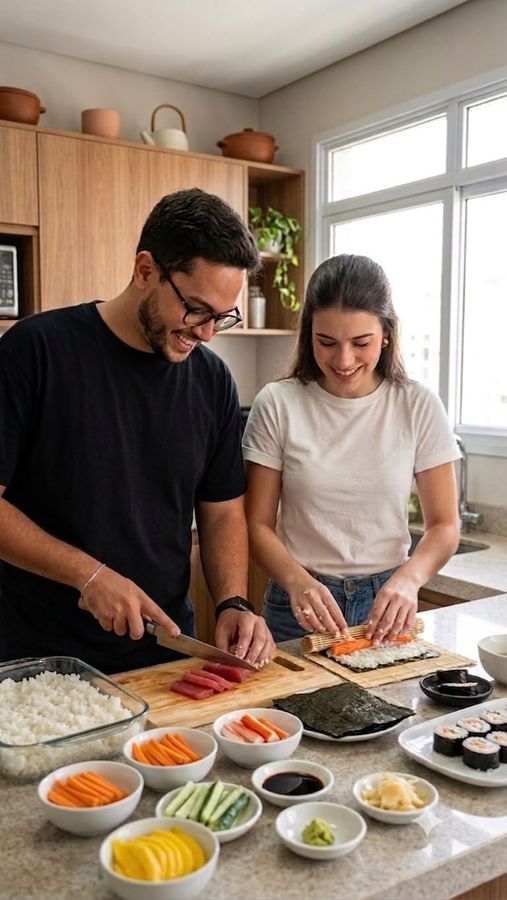Casal preparando sushi em casa